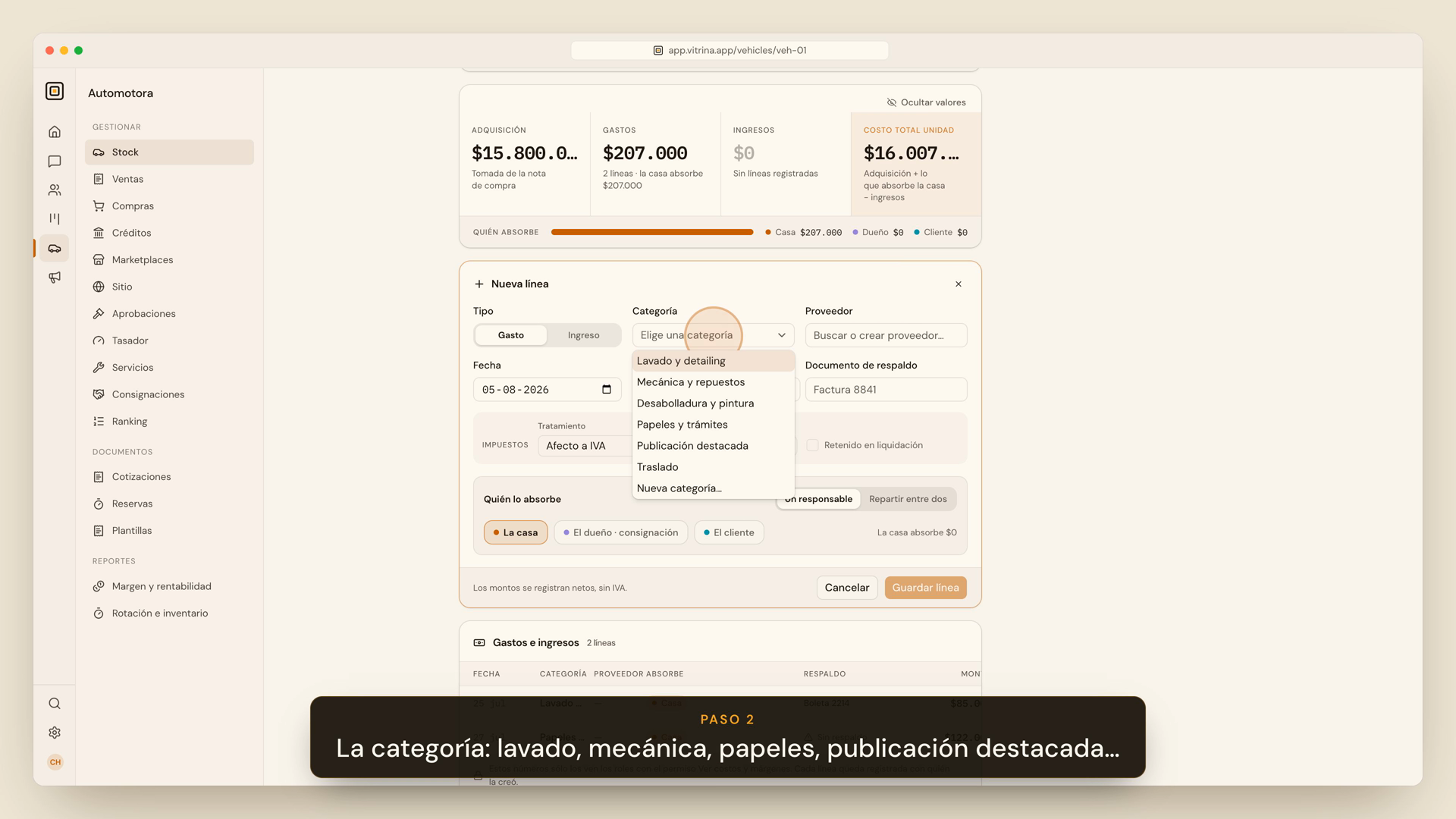 Tarjeta de costos del vehículo