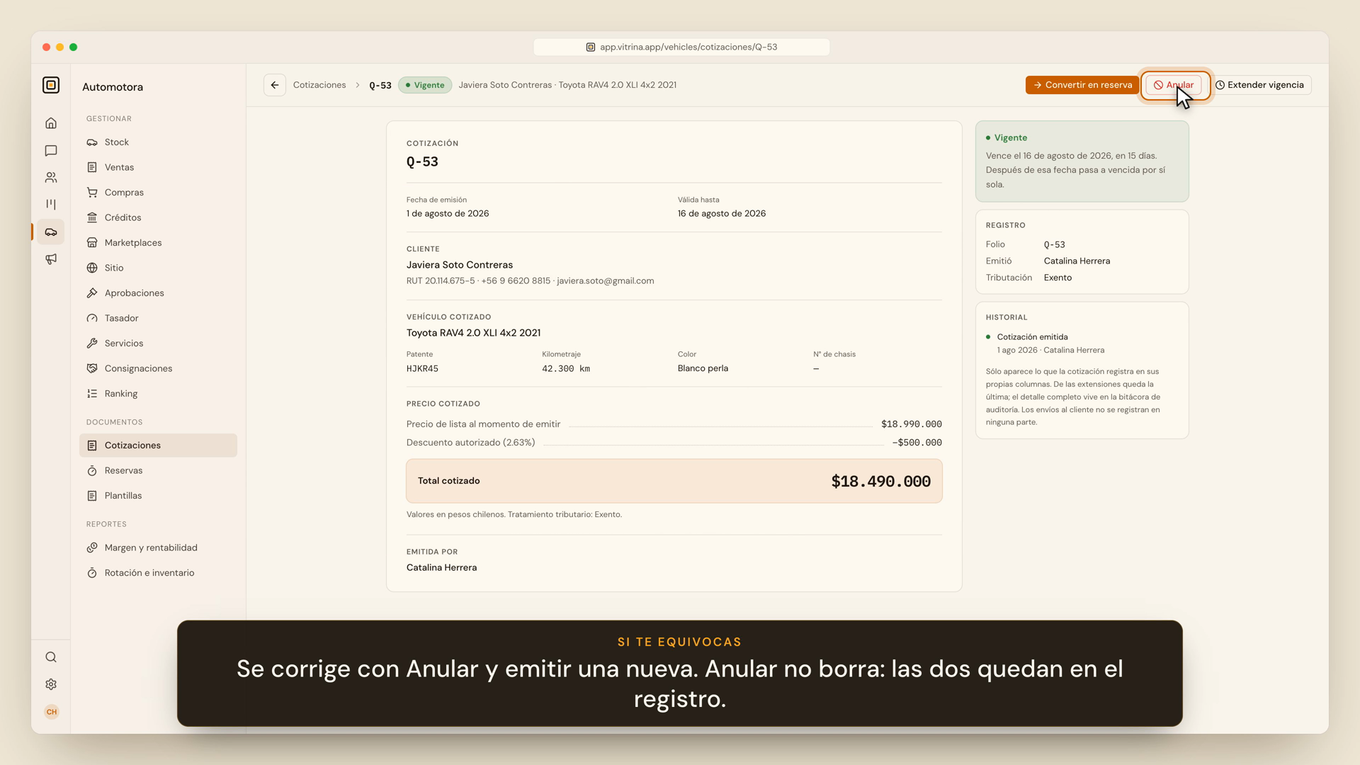 Cotización emitida con opción de anular
