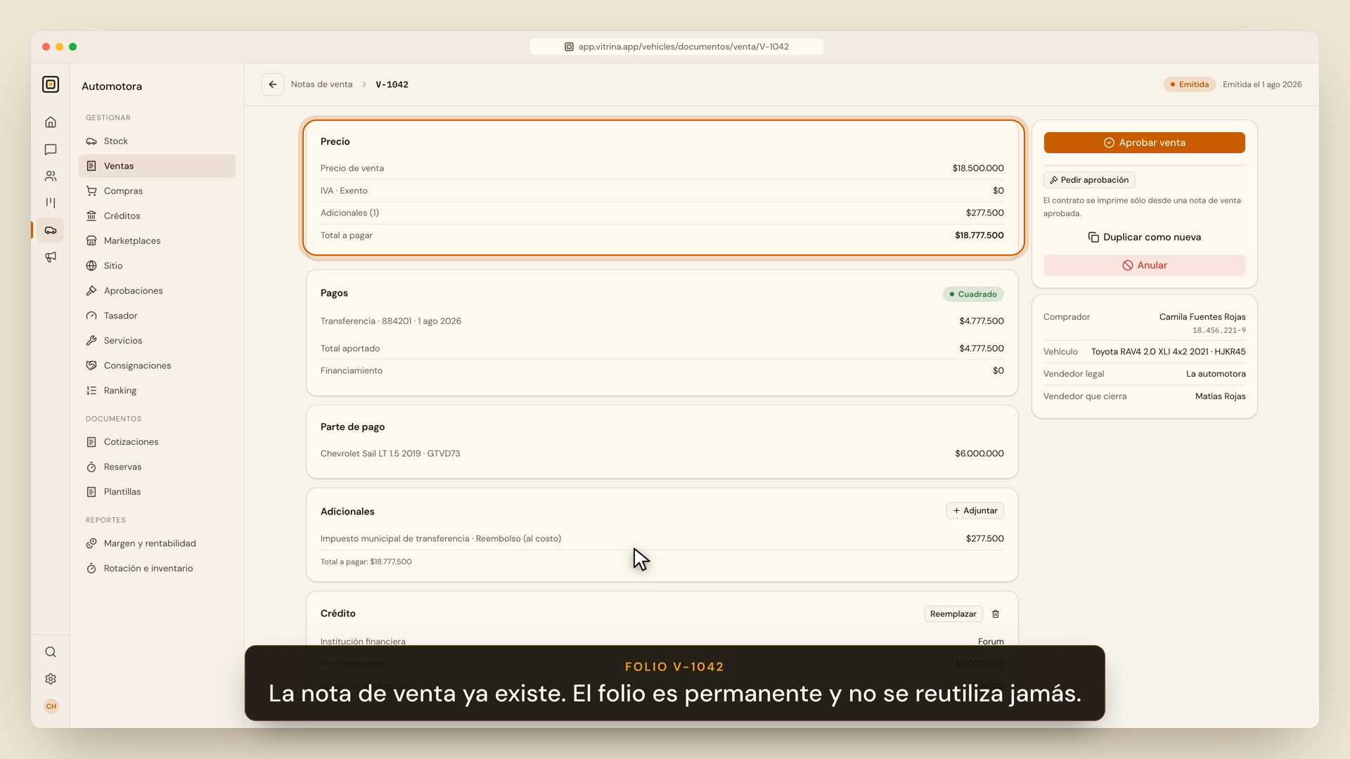 Panel de cuadre de la nota de venta en cero