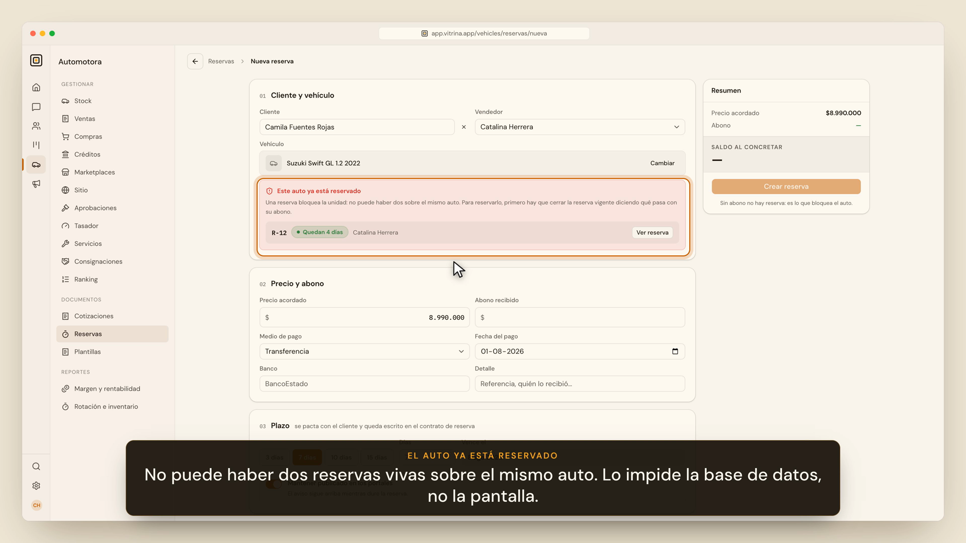 Aviso de auto ya reservado