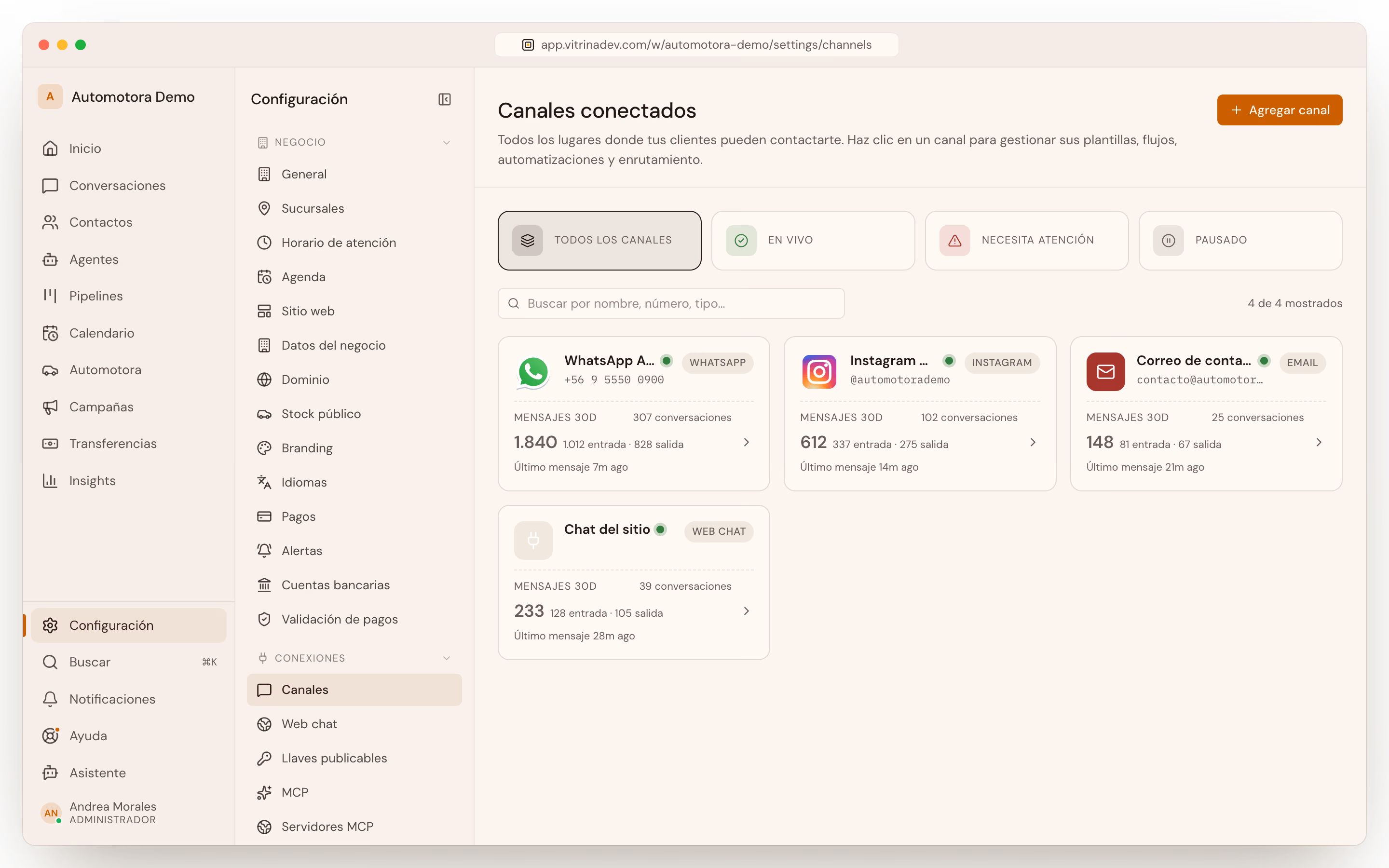 Ajustes de canales conectados: WhatsApp, Instagram y correo