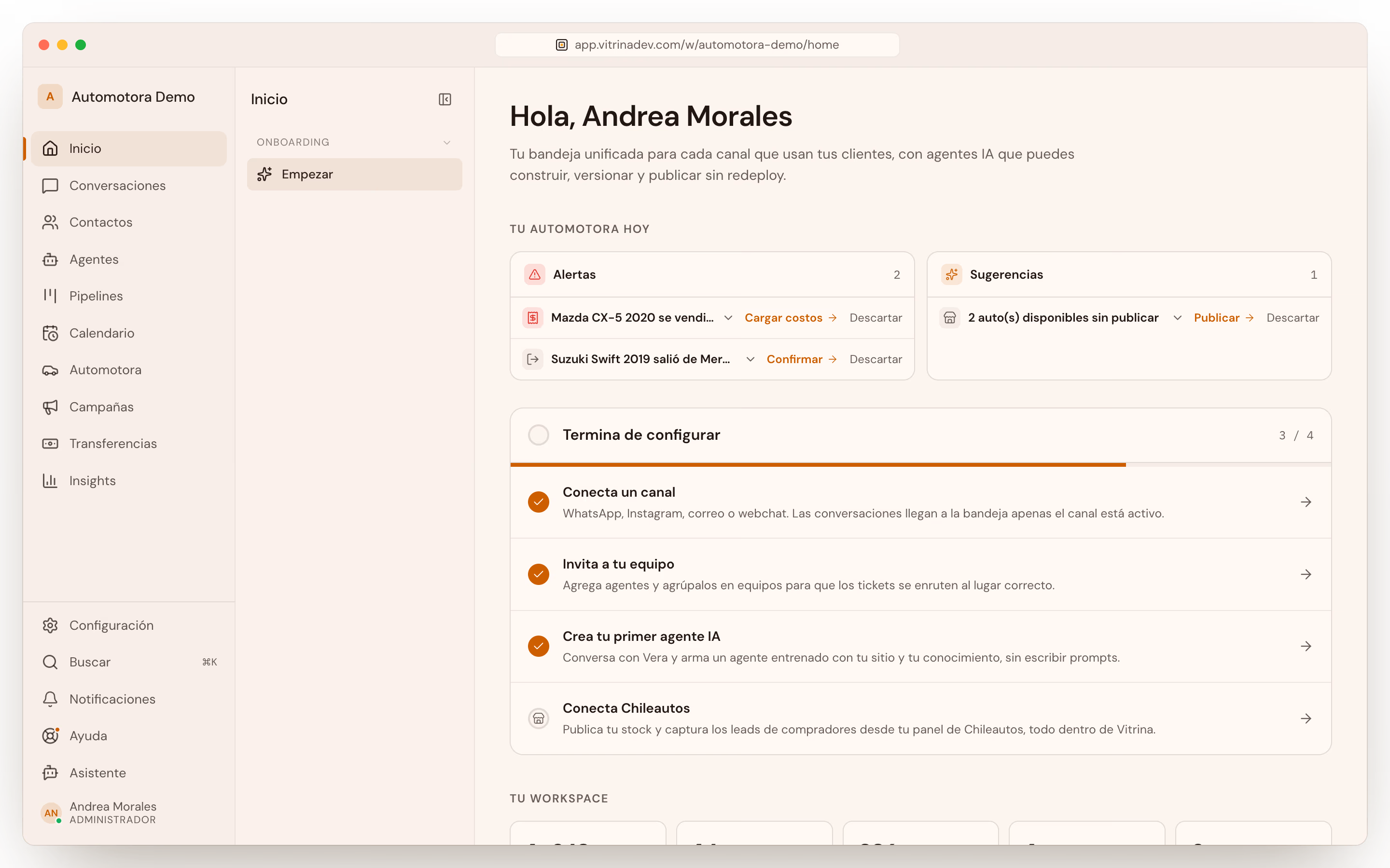 Pantalla Home con el checklist de configuración y los accesos directos