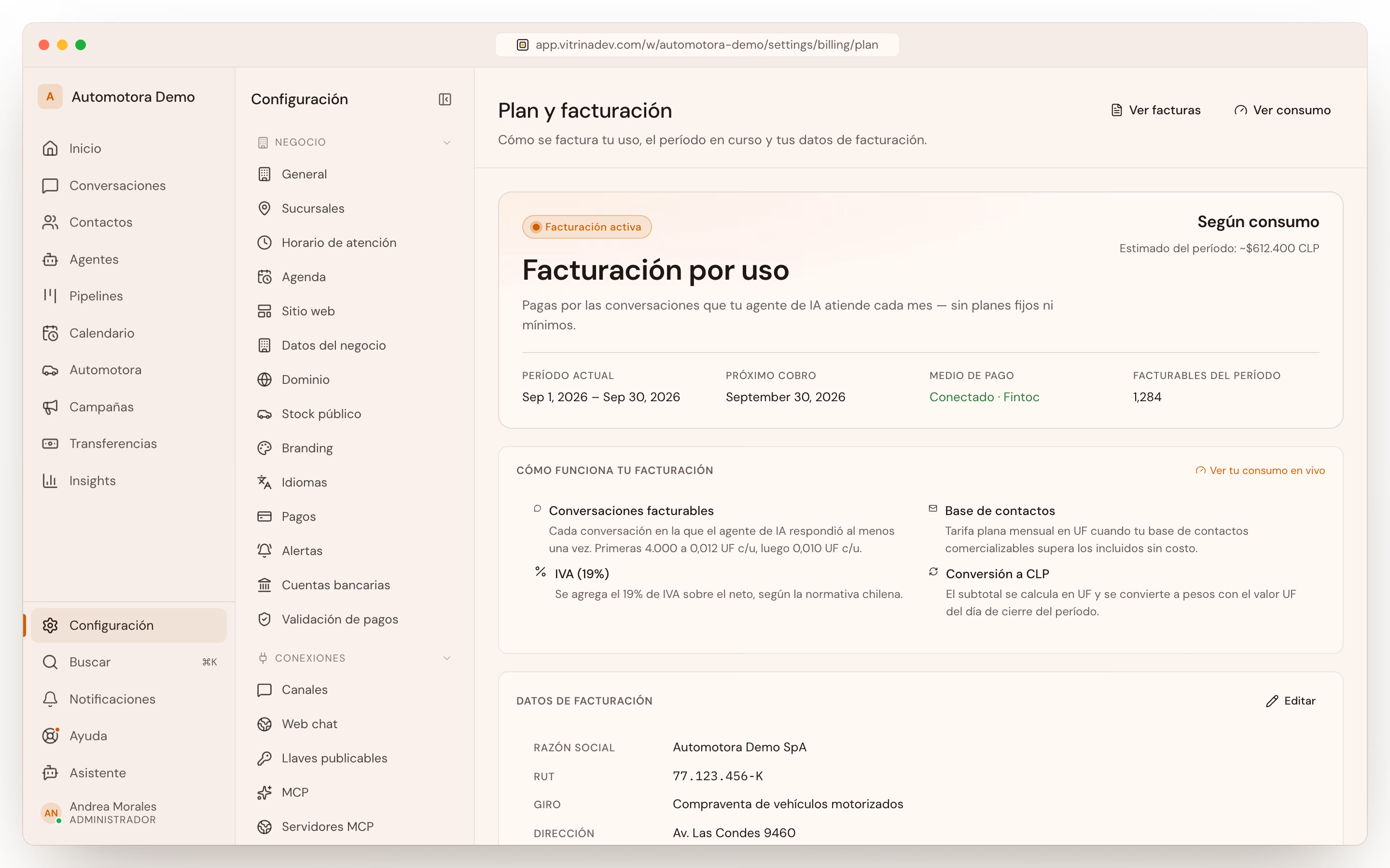 Pantalla de plan y uso facturable