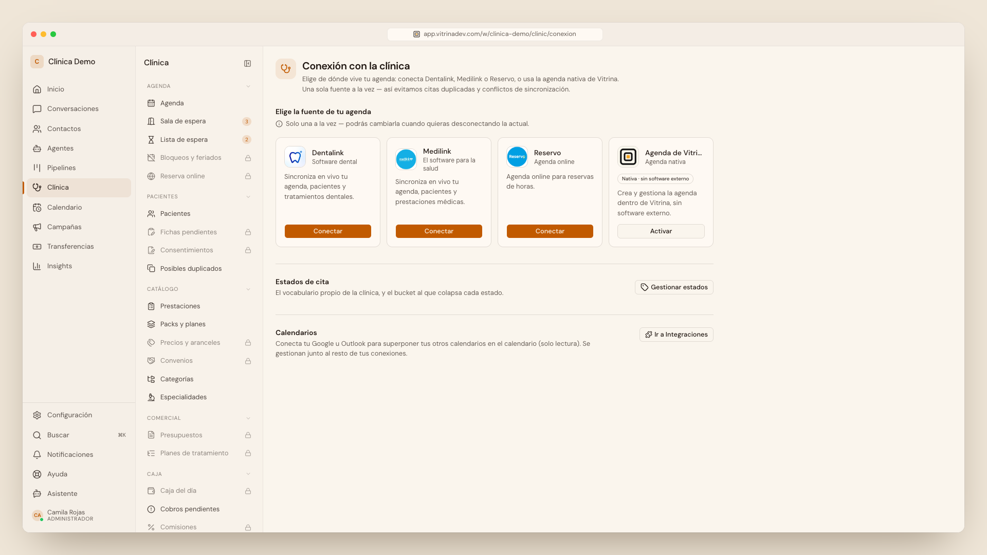 Conexión con la clínica: las tarjetas Dentalink, Medilink, Reservo y Agenda de Vitrina