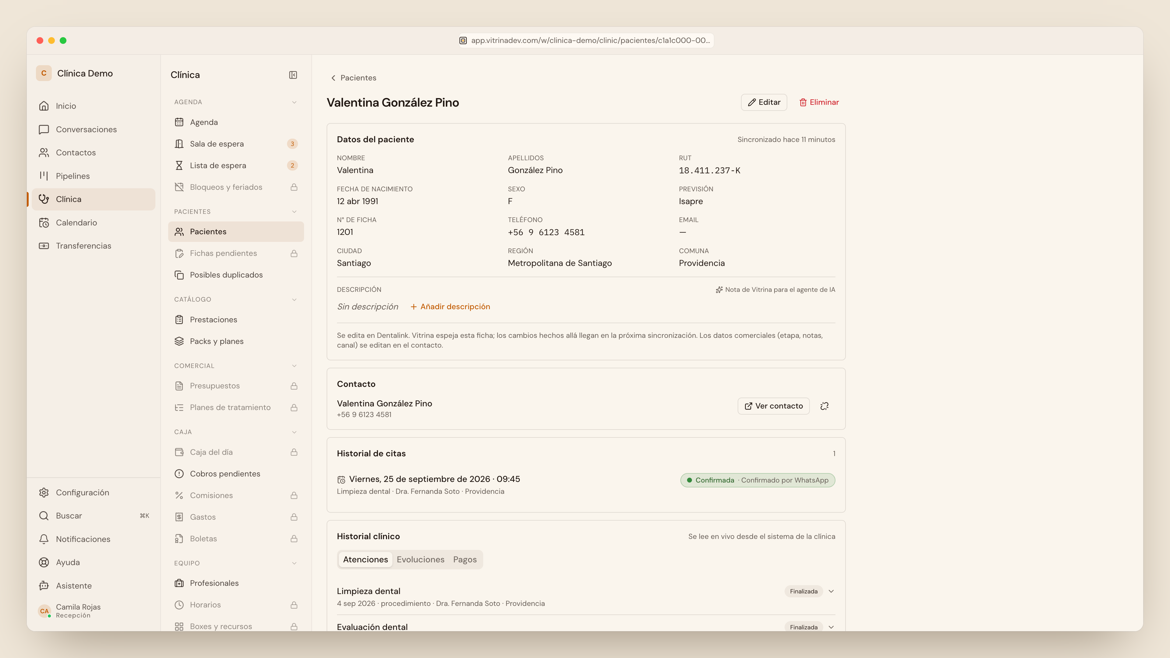Ficha del paciente: datos, descripción, contacto vinculado, historial de citas e historial clínico