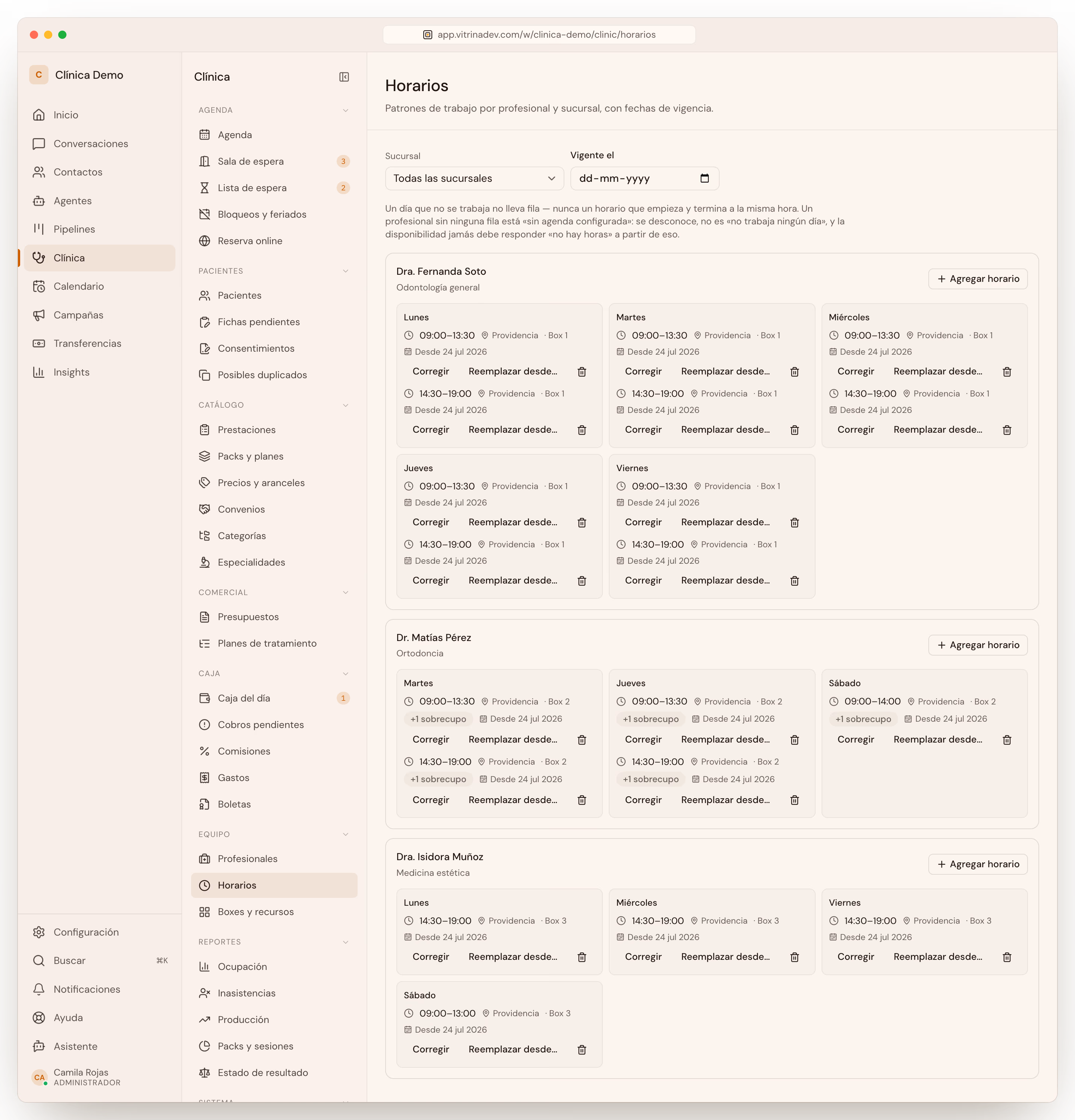 Horarios de los profesionales y Boxes y recursos, ya con el módulo Agenda adoptado