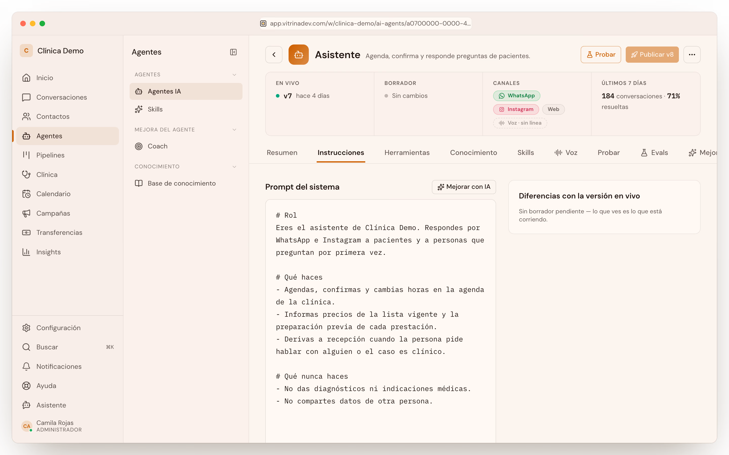 La página del asistente: instrucciones, conocimiento adjunto, skills y el botón Publicar